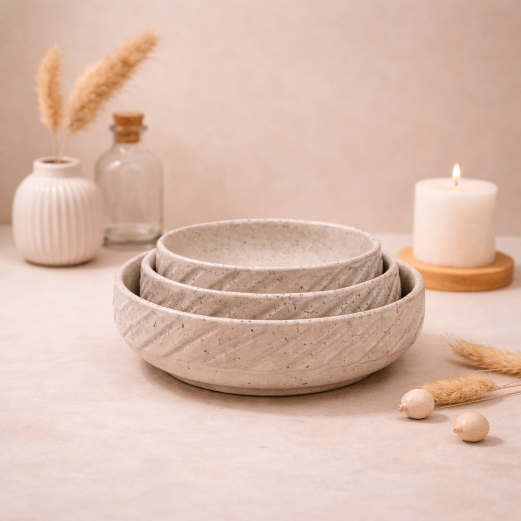 Set of three gray ceramic bowls on a light surface with decorative items.