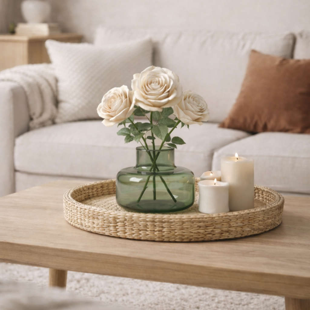 Living room with a coffee table featuring a vase of flowers and candles.