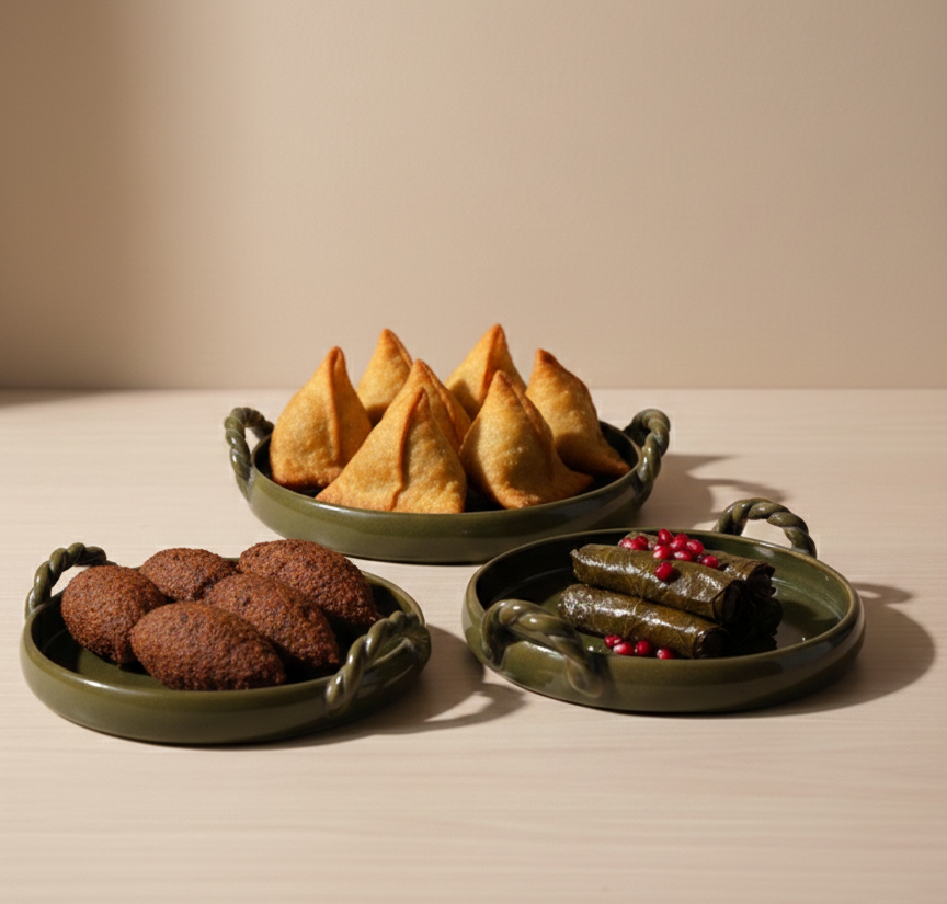 Three green ceramic plates with food on a beige background, featuring the brand 'fovere'.