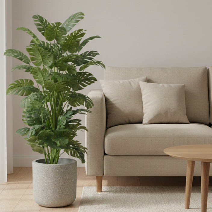 Beige sofa with a plant and table in a minimalistic living room