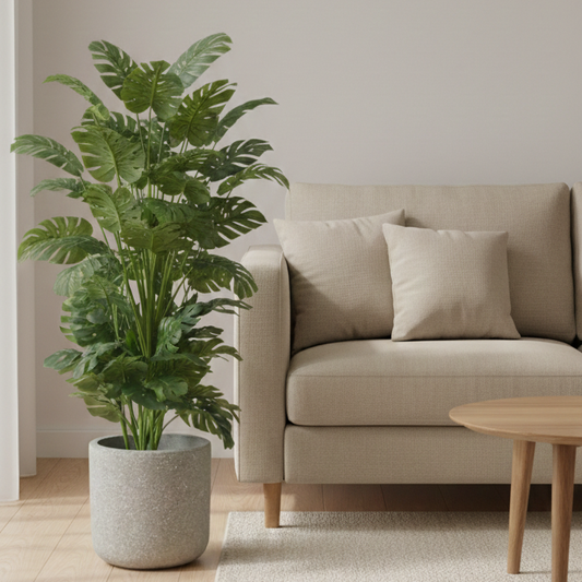 Beige sofa with a plant and table in a minimalistic living room